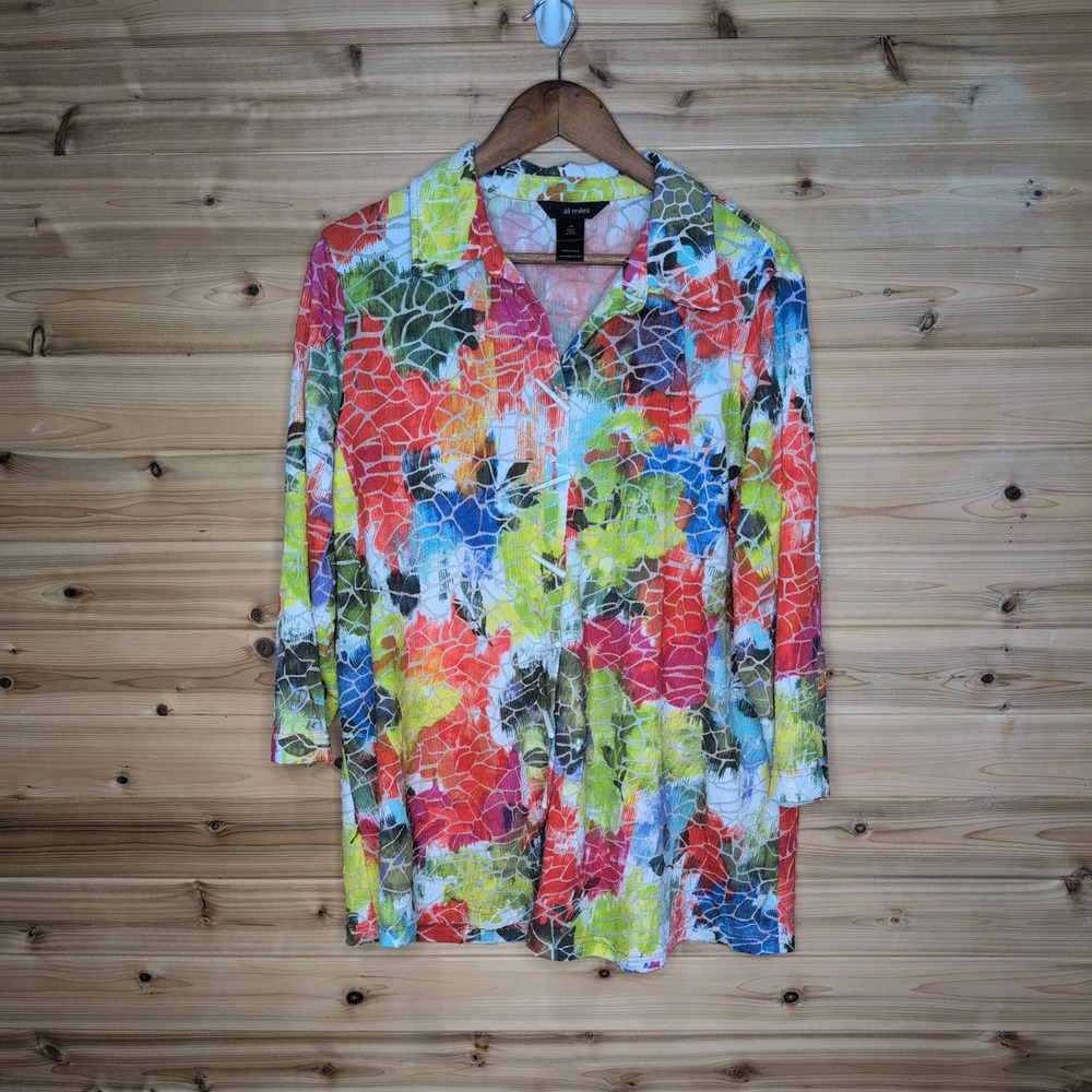 Ali Miles Womens 1X Abstract Burnout Tunic Button Front 3/4‎ Sleeve Multi-Color
